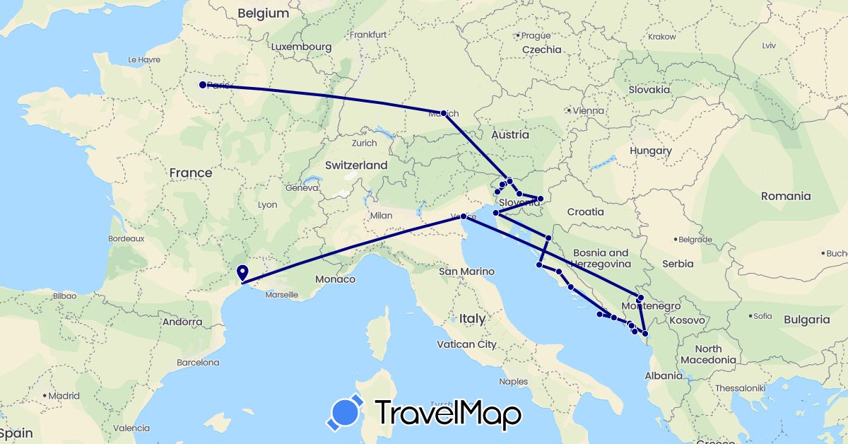 TravelMap itinerary: driving in Germany, France, Croatia, Italy, Montenegro, Slovenia (Europe)